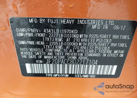 2013 Subaru Xv Crosstrek 2.0I Premium из США, поврежденный, VIN JF2GPACC8D2217104